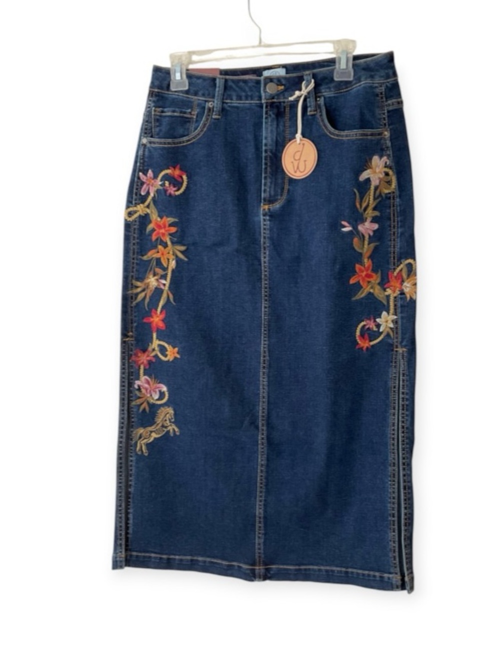 Savannah Dark Blue Denim Midi Skirt by Driftwood >Multicolor Floral Embroidery